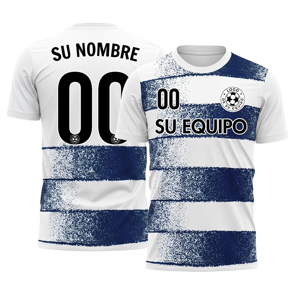 Blanco Azul Oscuro Efecto Spray Horizontales Rayas Motivo Camiseta de Fútbol Personalizada