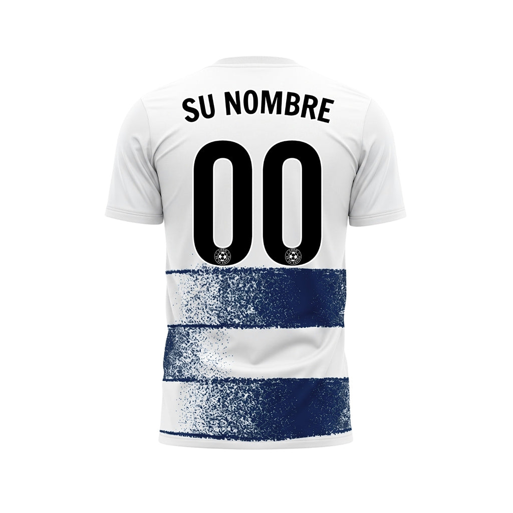 Blanco Azul Oscuro Efecto Spray Horizontales Rayas Motivo Camiseta de Fútbol Personalizada