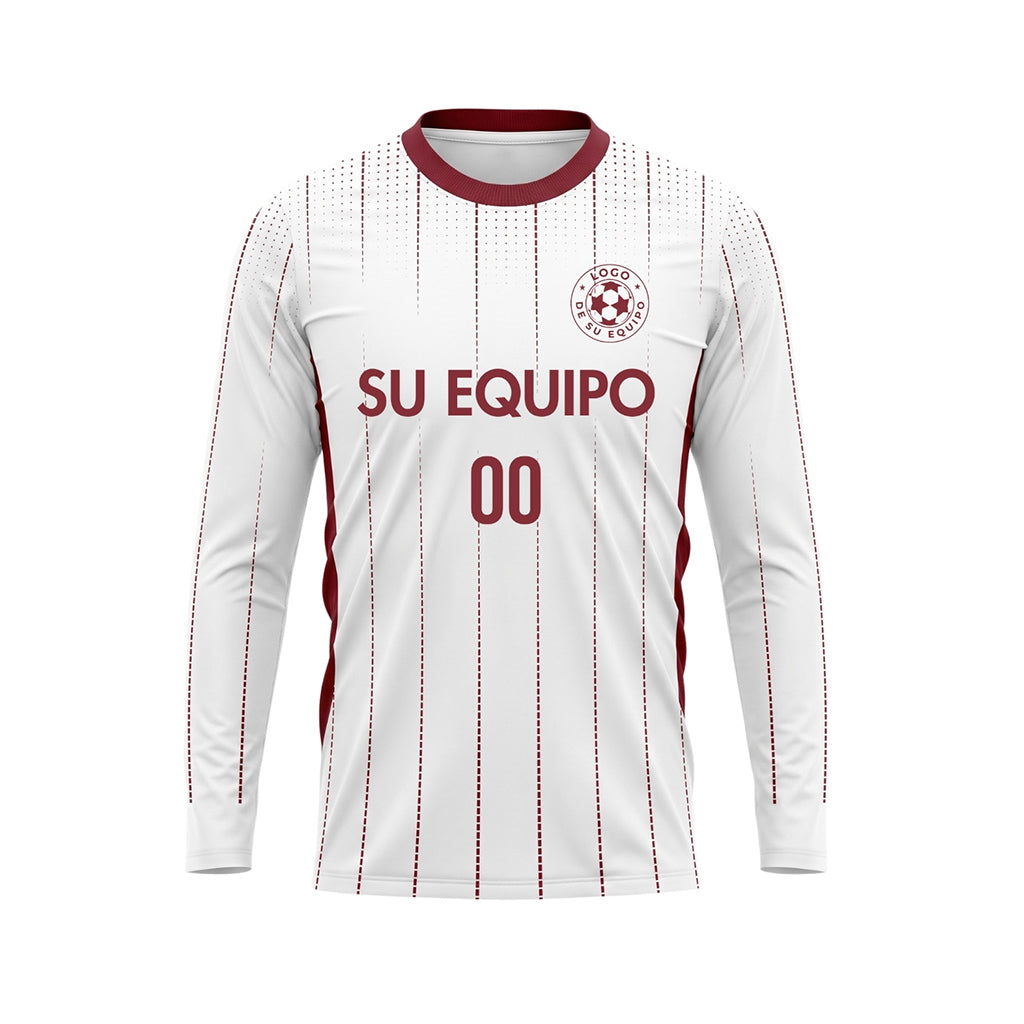 Blanco Rojo Oscuro Rayas Verticales de Lunares Camiseta de Fútbol Personalizada de Manga Larga