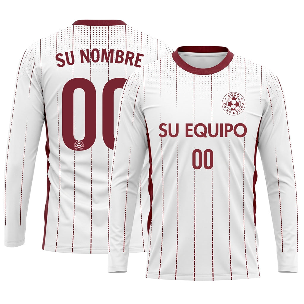 Blanco Rojo Oscuro Rayas Verticales de Lunares Camiseta de Fútbol Personalizada de Manga Larga