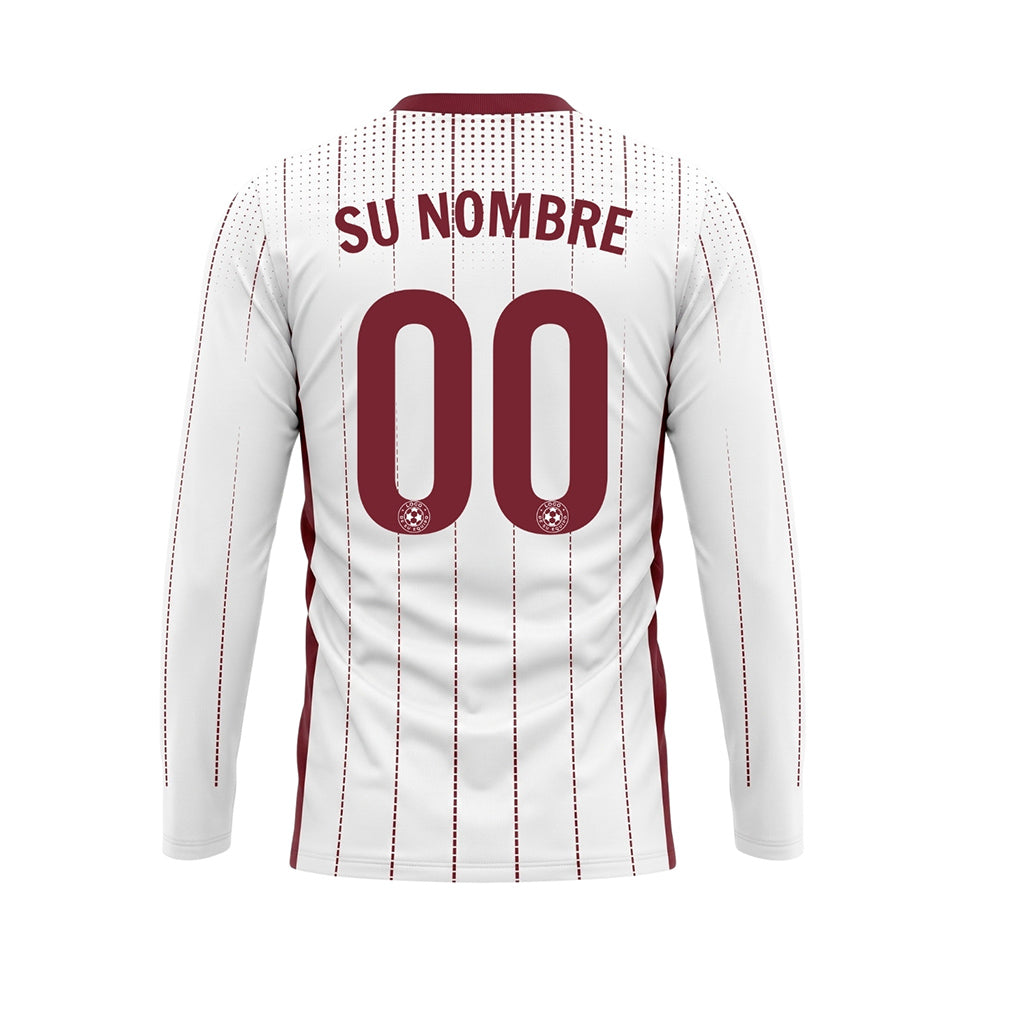 Blanco Rojo Oscuro Rayas Verticales de Lunares Camiseta de Fútbol Personalizada de Manga Larga
