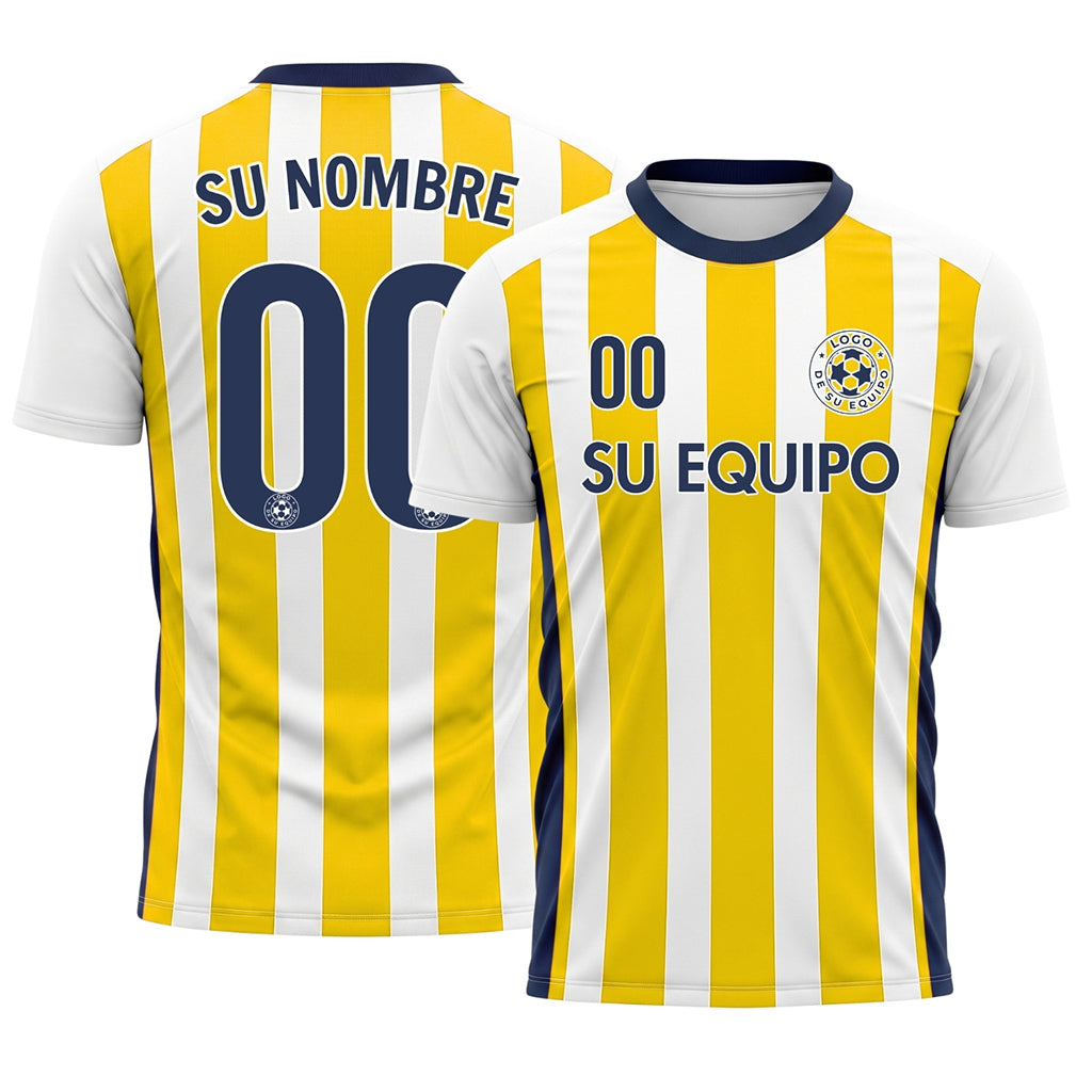 Blanco Amarillo Clásico Anchas Rayas Camiseta de Fútbol Personalizada