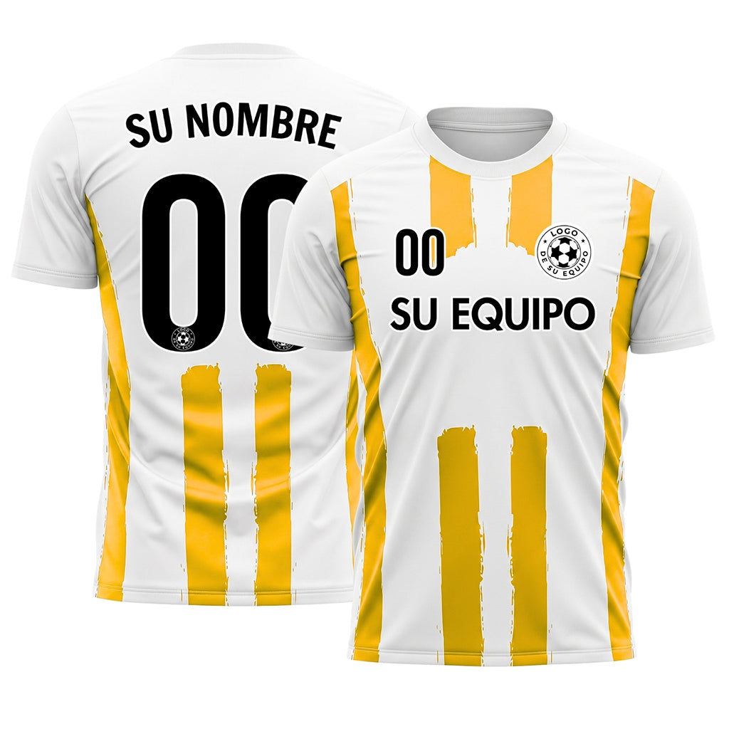 Blanco Amarillo Pincelada Rayas Longitudinales Motivo Camiseta de Fútbol Personalizada