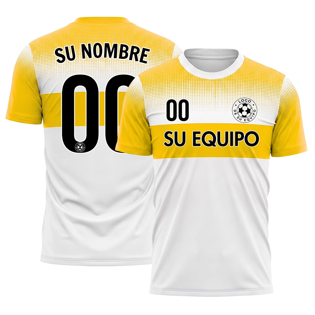 Blanco Amarillo Motivo a Lunares Rayas en el Pecho Camiseta de Fútbol Personalizada