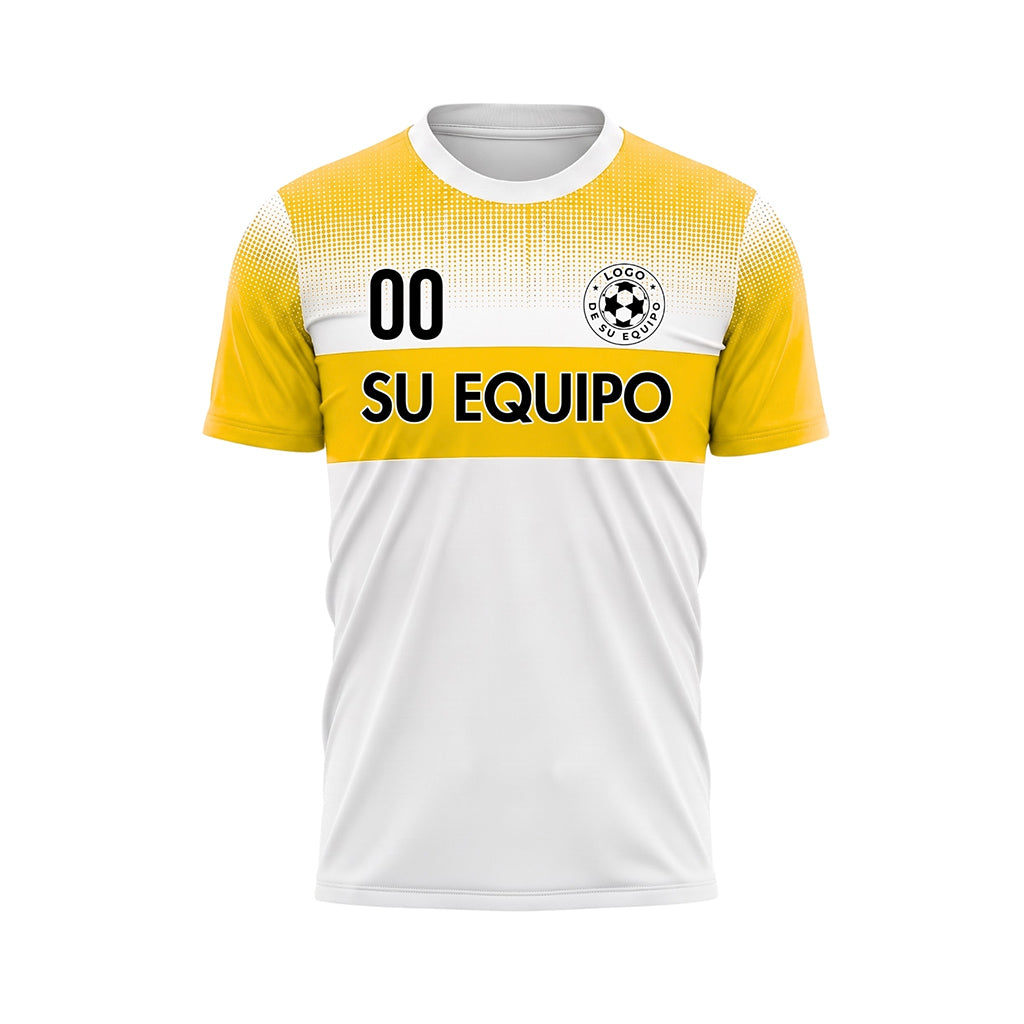 Blanco Amarillo Motivo a Lunares Rayas en el Pecho Camiseta de Fútbol Personalizada