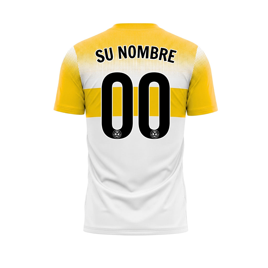 Blanco Amarillo Motivo a Lunares Rayas en el Pecho Camiseta de Fútbol Personalizada