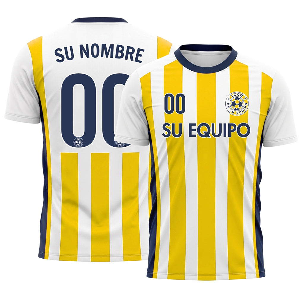 Blanco Amarillo Dorado Clásico Anchas Rayas Camiseta de Fútbol Personalizada