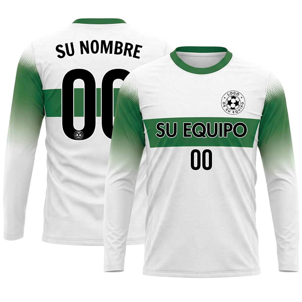 Blanco Verde Rayas Horizontales Degradadas en las Mangas Camiseta de Fútbol Personalizada de Manga Larga