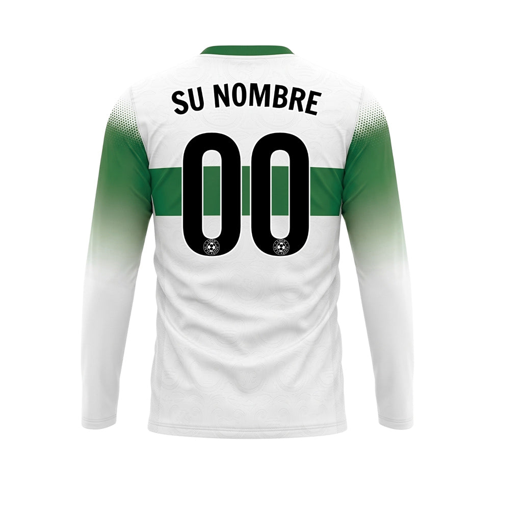 Blanco Verde Rayas Horizontales Degradadas en las Mangas Camiseta de Fútbol Personalizada de Manga Larga