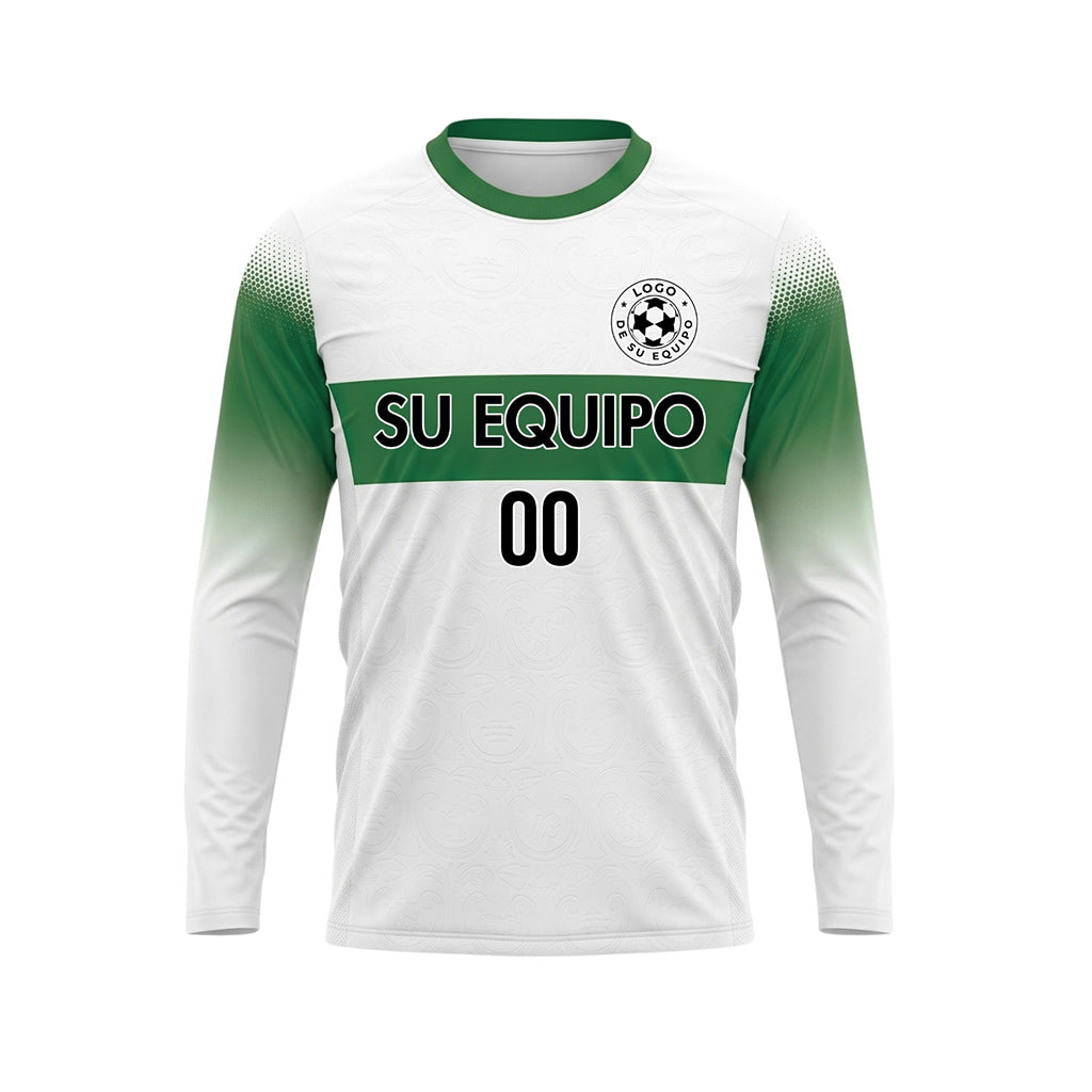Blanco Verde Rayas Horizontales Degradadas en las Mangas Camiseta de Fútbol Personalizada de Manga Larga
