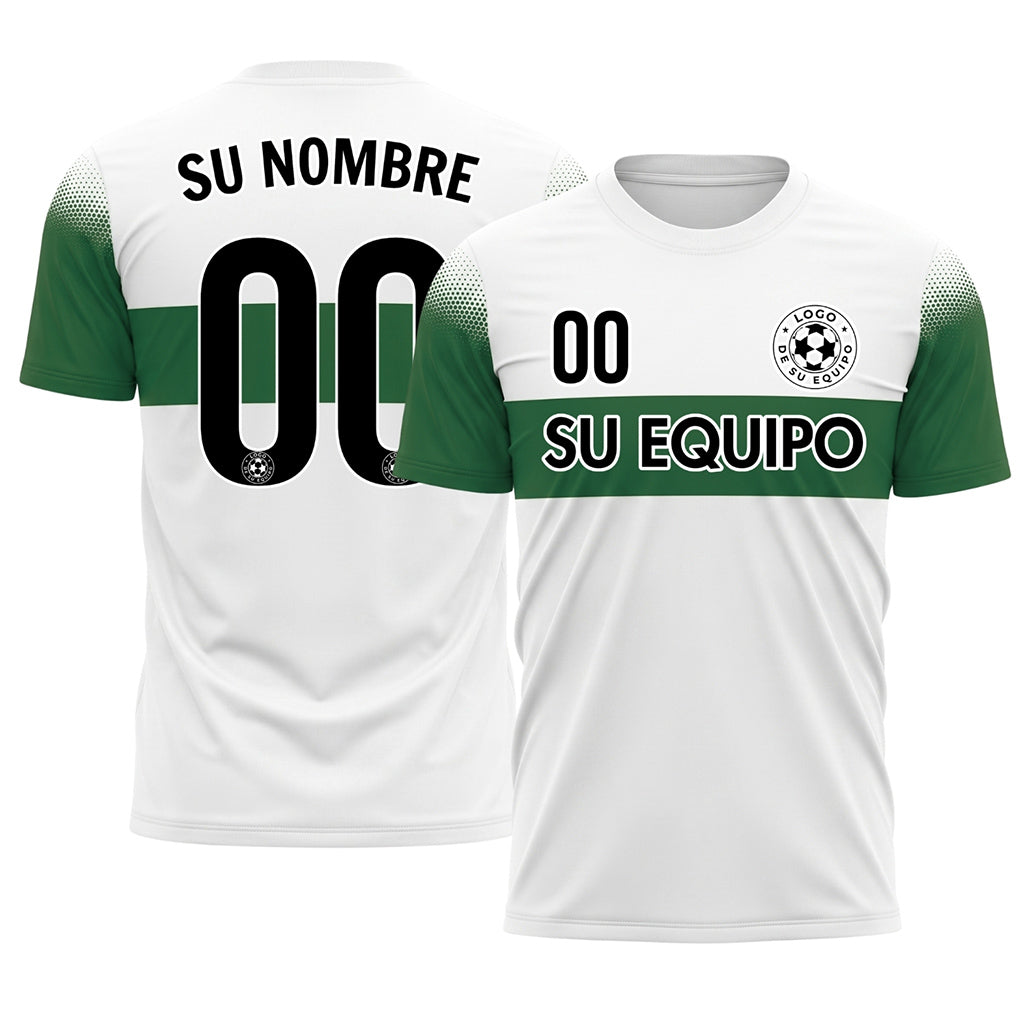 Blanco Verde Rayas en el Pecho Semitono Hombro Motivo Camiseta de Fútbol Personalizada