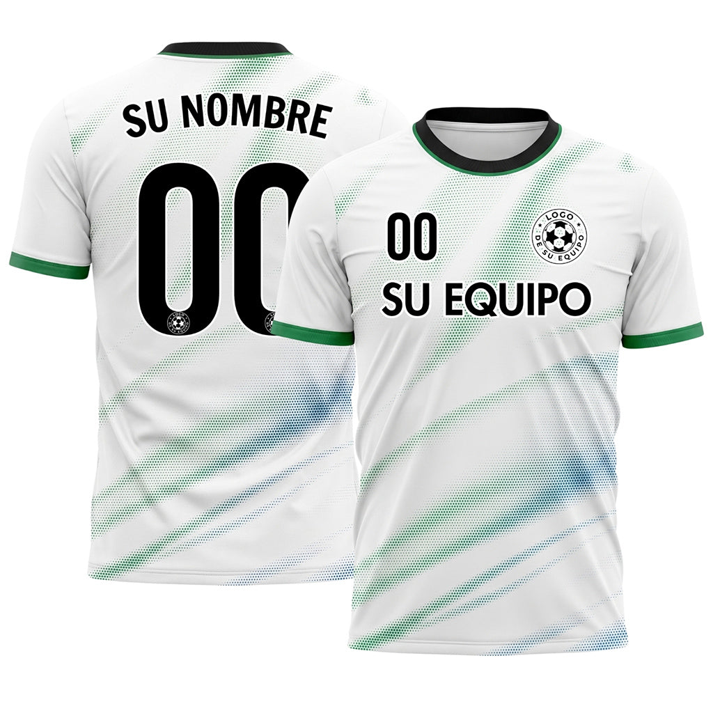 Blanco Verde Diagonal Semitono Olas Motivo Camiseta de Fútbol Personalizada