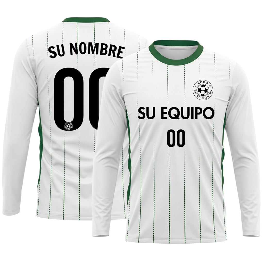 Blanco Verde Finas Rayas Verticales Camiseta de Fútbol Personalizada de Manga Larga