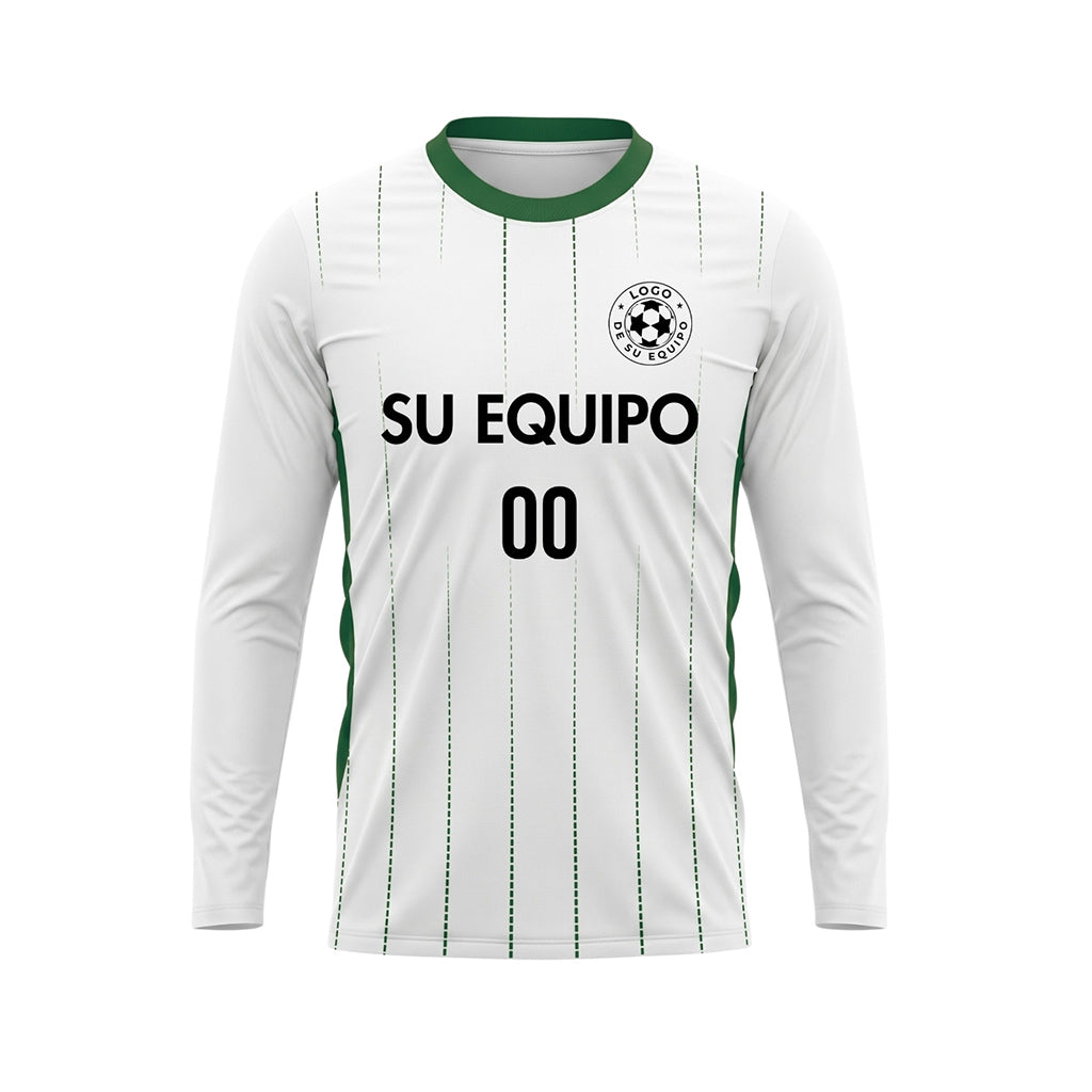 Blanco Verde Finas Rayas Verticales Camiseta de Fútbol Personalizada de Manga Larga