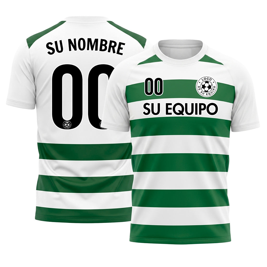 Blanco Verde Clásico Rayas en Bloques Motivo Camiseta de Fútbol Personalizada