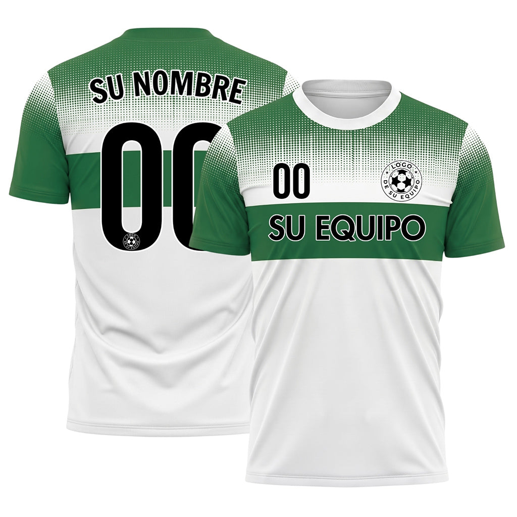 Blanco Verde Píxel Difuminado Rayas Horizontales Camiseta de Fútbol Personalizada