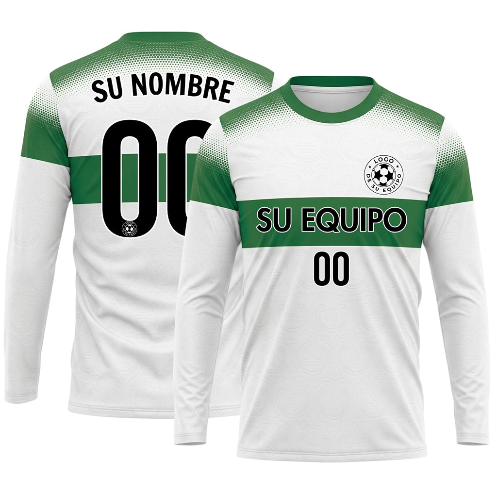 Blanco Verde Rayas Horizontales Degradadas de Lunares Camiseta de Fútbol Personalizada de Manga Larga