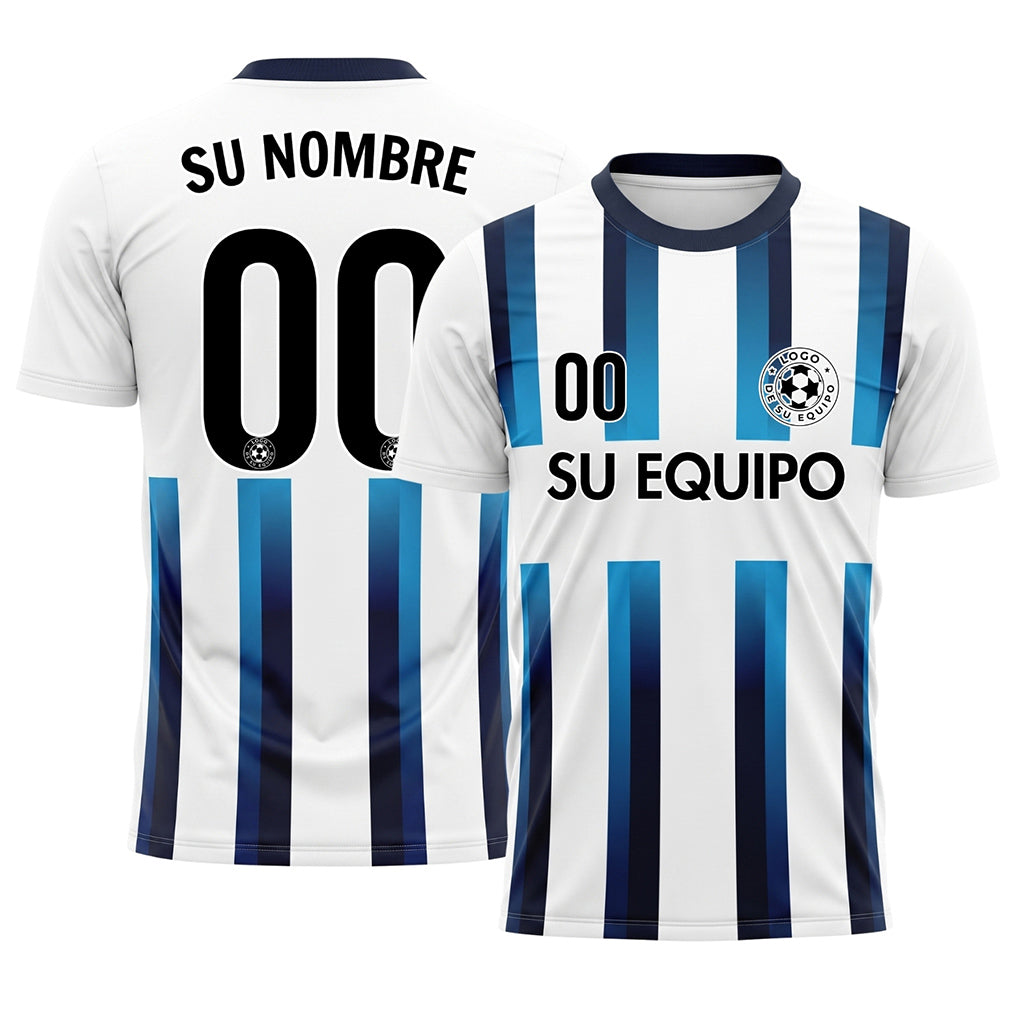 Blanco Azul Claro Azul Oscuro Degradado Rayas Camiseta de Fútbol Personalizada