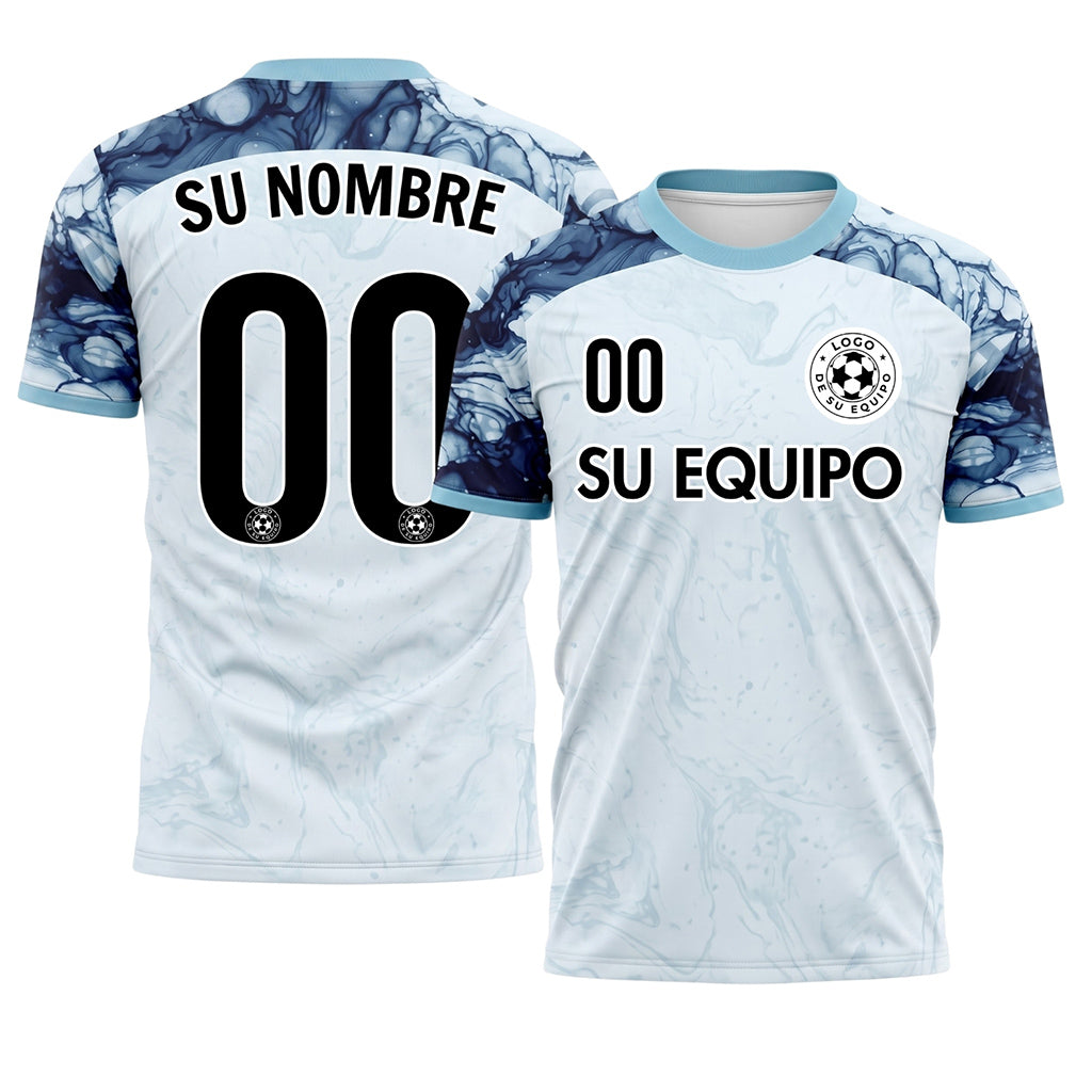 Blanco Azul Claro Mármol Motivo Camiseta de Fútbol Personalizada