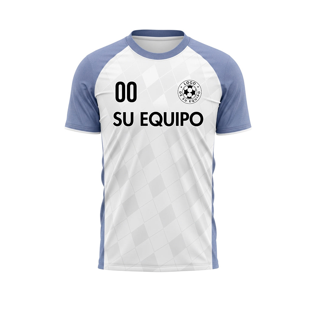 Blanco Azul Claro Motivo Rombo Raglán Camiseta de Fútbol Personalizada