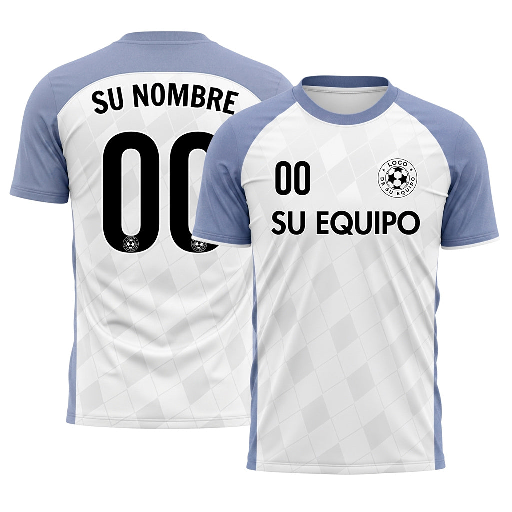 Blanco Azul Claro Motivo Rombo Raglán Camiseta de Fútbol Personalizada