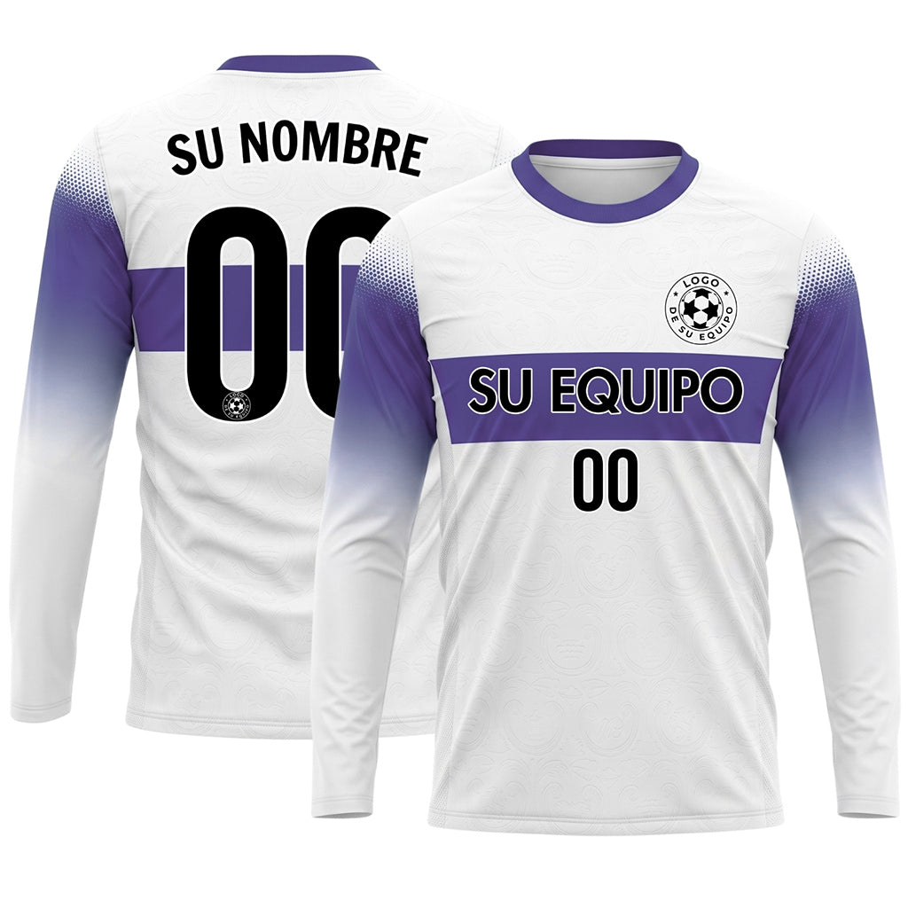 Blanco Violeta Rayas Horizontales Degradadas en las Mangas Camiseta de Fútbol Personalizada de Manga Larga