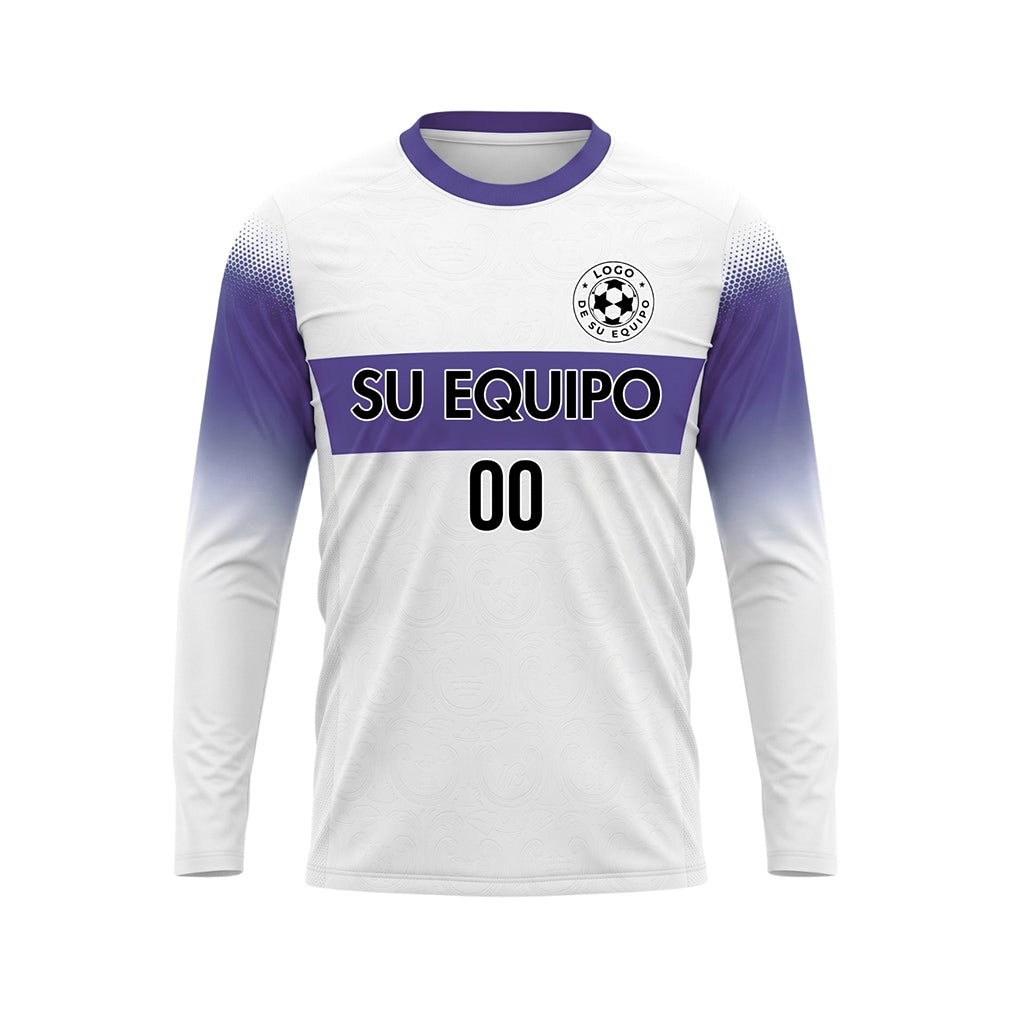 Blanco Violeta Rayas Horizontales Degradadas en las Mangas Camiseta de Fútbol Personalizada de Manga Larga