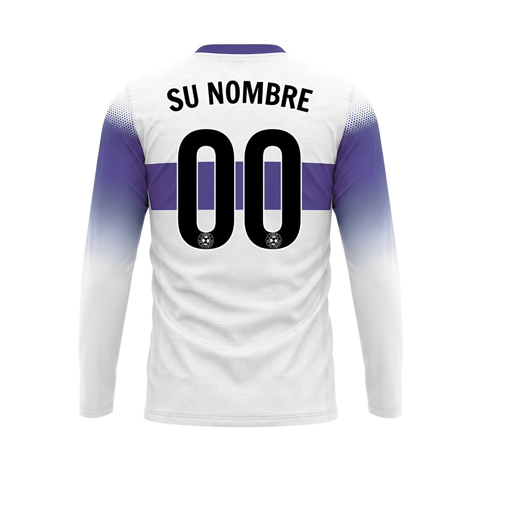 Blanco Violeta Rayas Horizontales Degradadas en las Mangas Camiseta de Fútbol Personalizada de Manga Larga