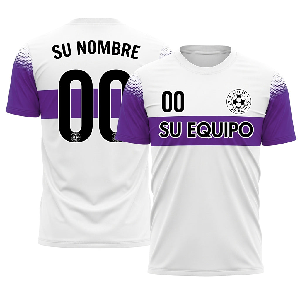 Blanco Violeta Rayas en el Pecho Semitono Hombro Motivo Camiseta de Fútbol Personalizada