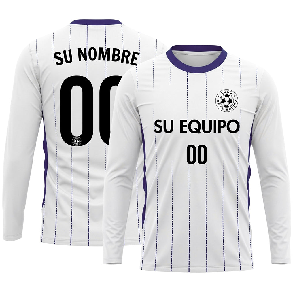 Blanco Violeta Finas Rayas Verticales Camiseta de Fútbol Personalizada de Manga Larga