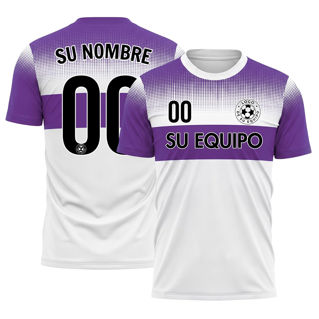 Blanco Violeta Píxel Difuminado Rayas Horizontales Camiseta de Fútbol Personalizada