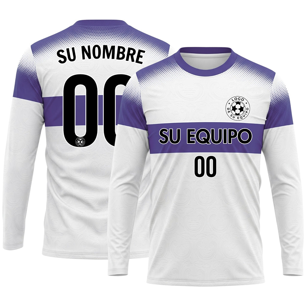 Blanco Violeta Rayas Horizontales Degradadas de Lunares Camiseta de Fútbol Personalizada de Manga Larga