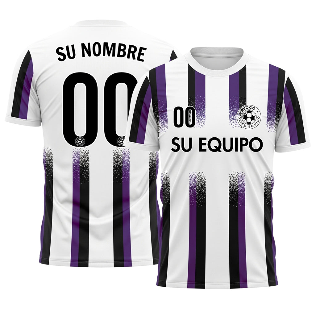 Blanco Violeta Negro Degradado Salpicaduras Rayas Camiseta de Fútbol Personalizada