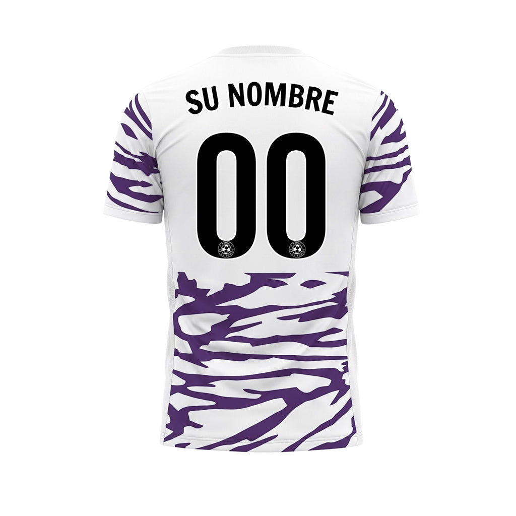 Blanco Violeta Tigre Rayas en el Canesú del Pecho Motivo Camiseta de Fútbol Personalizada