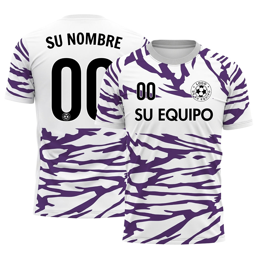 Blanco Violeta Tigre Rayas en el Canesú del Pecho Motivo Camiseta de Fútbol Personalizada