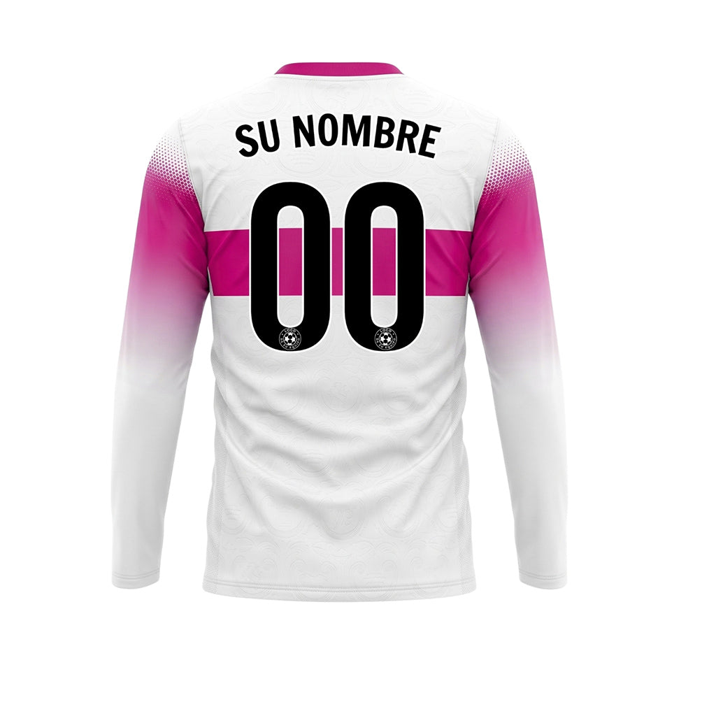 Blanco Rosa Rayas Horizontales Degradadas en las Mangas Camiseta de Fútbol Personalizada de Manga Larga