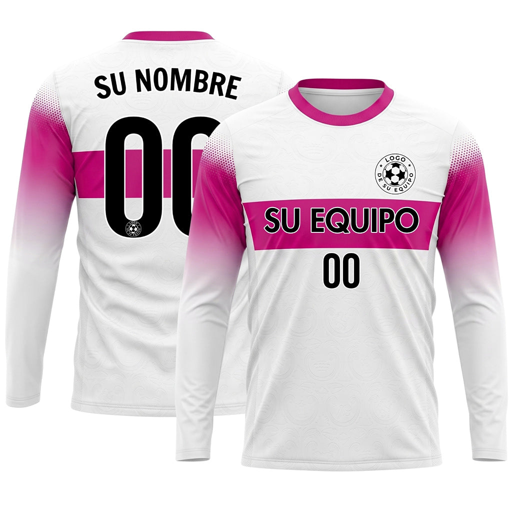 Blanco Rosa Rayas Horizontales Degradadas en las Mangas Camiseta de Fútbol Personalizada de Manga Larga