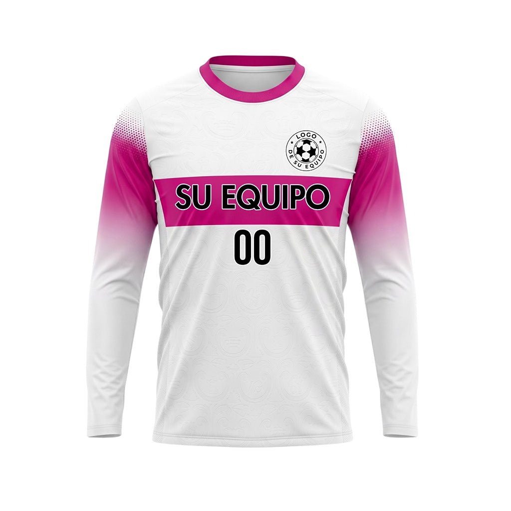 Blanco Rosa Rayas Horizontales Degradadas en las Mangas Camiseta de Fútbol Personalizada de Manga Larga