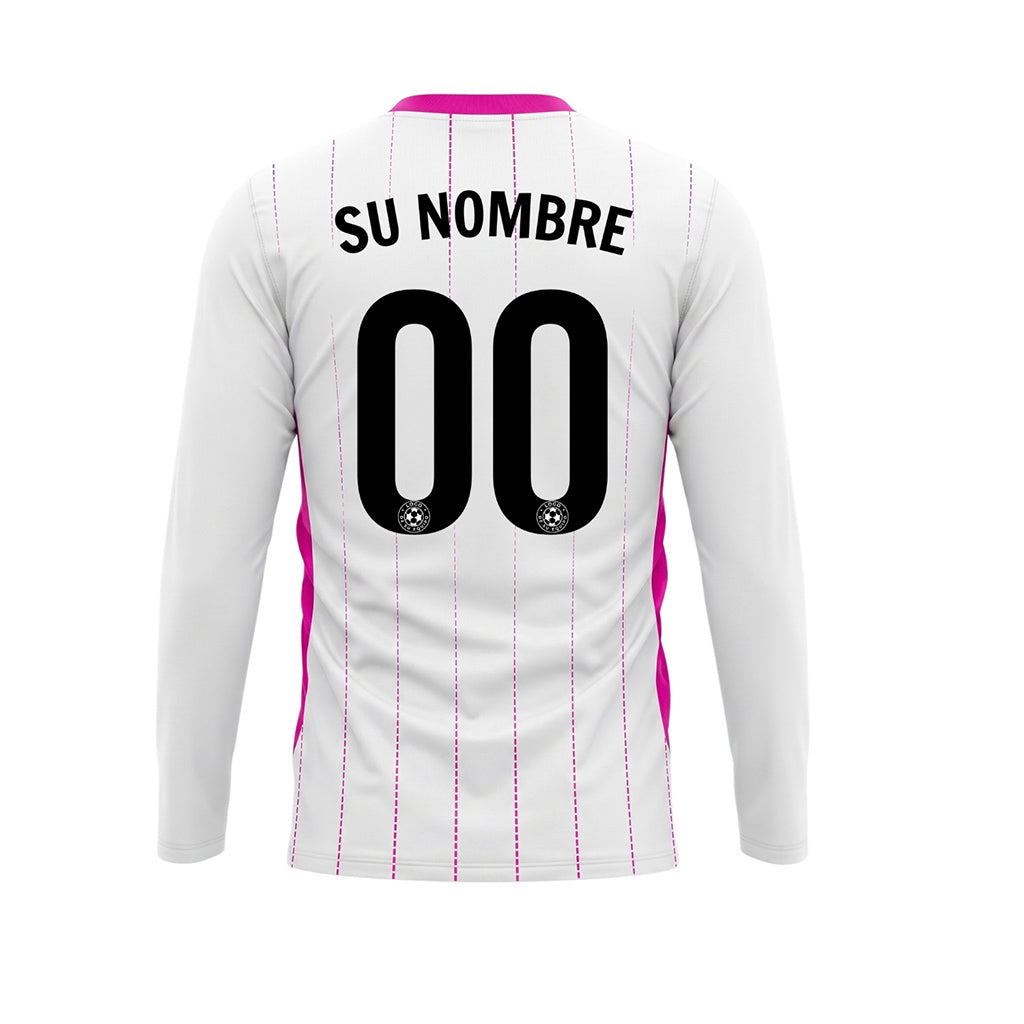 Blanco Rosa Finas Rayas Verticales Camiseta de Fútbol Personalizada de Manga Larga