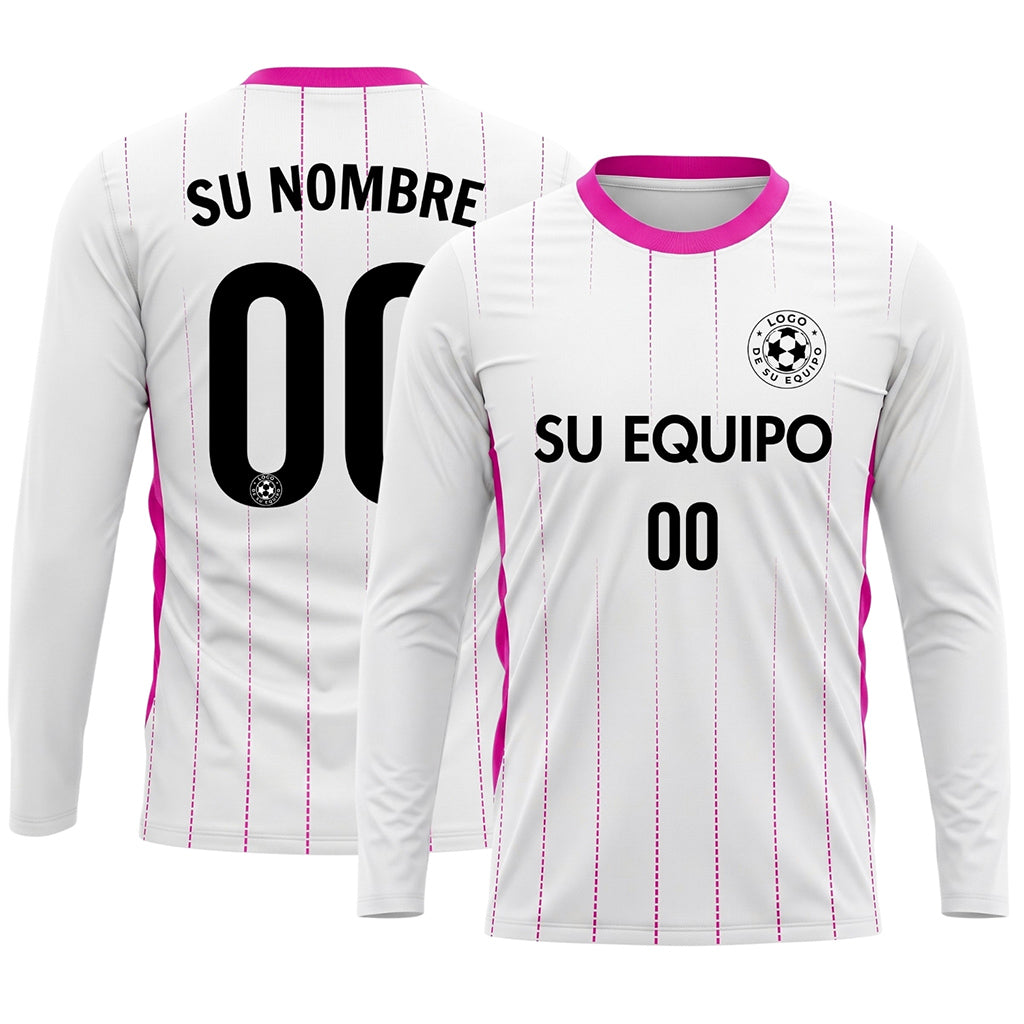 Blanco Rosa Finas Rayas Verticales Camiseta de Fútbol Personalizada de Manga Larga