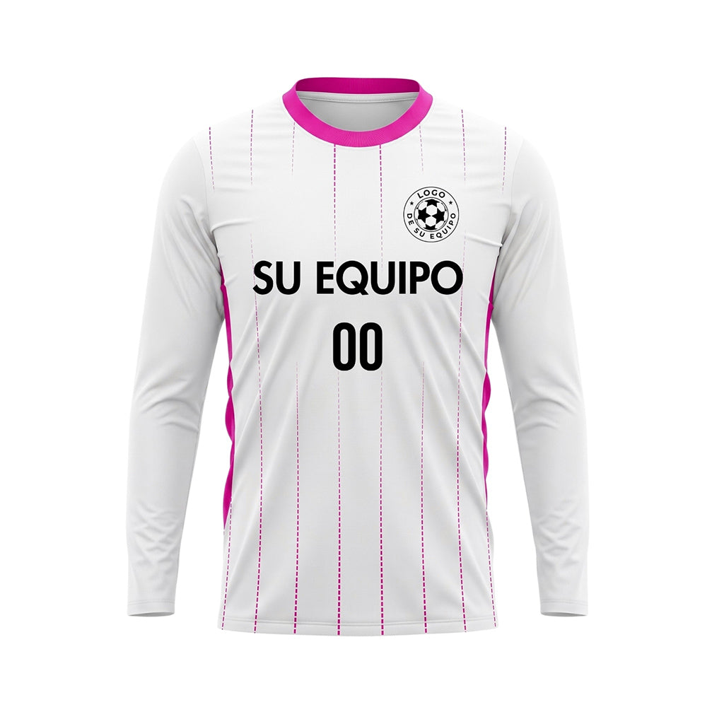 Blanco Rosa Finas Rayas Verticales Camiseta de Fútbol Personalizada de Manga Larga
