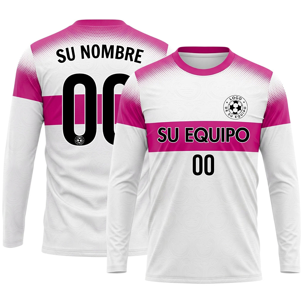 Blanco Rosa Rayas Horizontales Degradadas de Lunares Camiseta de Fútbol Personalizada de Manga Larga