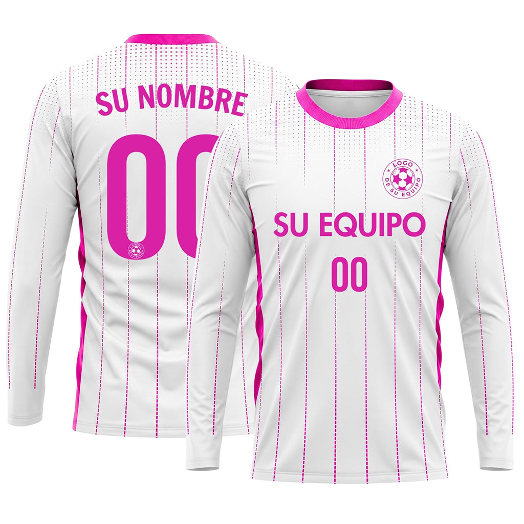 Blanco Rosa Rayas Verticales de Lunares Camiseta de Fútbol Personalizada de Manga Larga