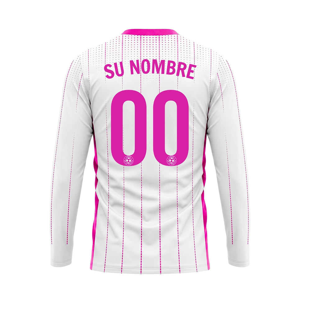 Blanco Rosa Rayas Verticales de Lunares Camiseta de Fútbol Personalizada de Manga Larga