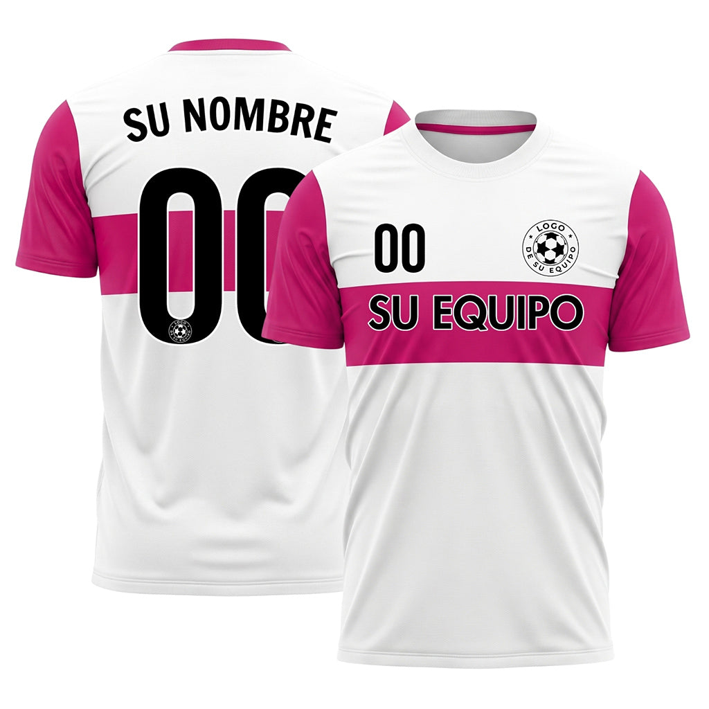 Blanco Rosa Rayas Horizontales Camiseta de Fútbol Personalizada
