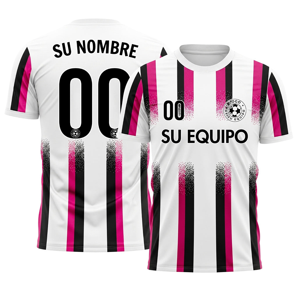 Blanco Rosa Negro Degradado Salpicaduras Rayas Camiseta de Fútbol Personalizada