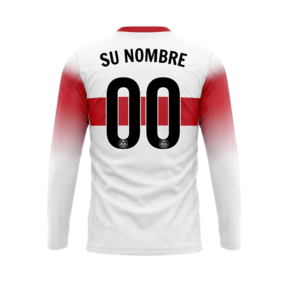Blanco Rojo Rayas Horizontales Degradadas en las Mangas Camiseta de Fútbol Personalizada de Manga Larga
