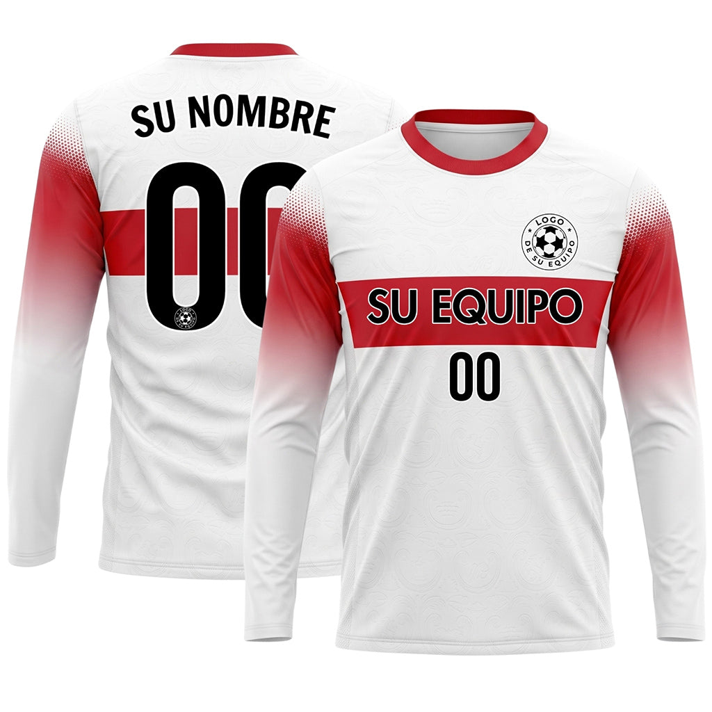 Blanco Rojo Rayas Horizontales Degradadas en las Mangas Camiseta de Fútbol Personalizada de Manga Larga