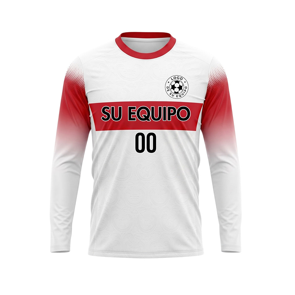 Blanco Rojo Rayas Horizontales Degradadas en las Mangas Camiseta de Fútbol Personalizada de Manga Larga