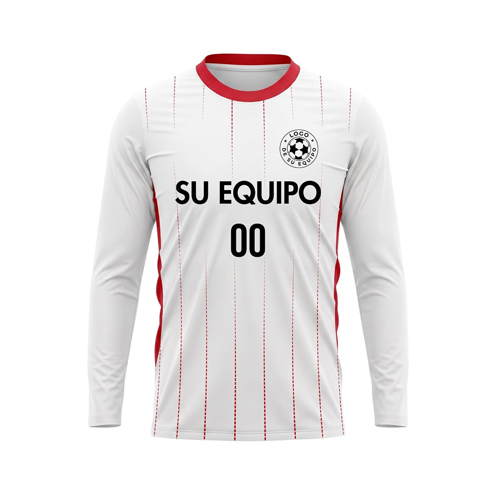 Blanco Rojo Finas Rayas Verticales Camiseta de Fútbol Personalizada de Manga Larga